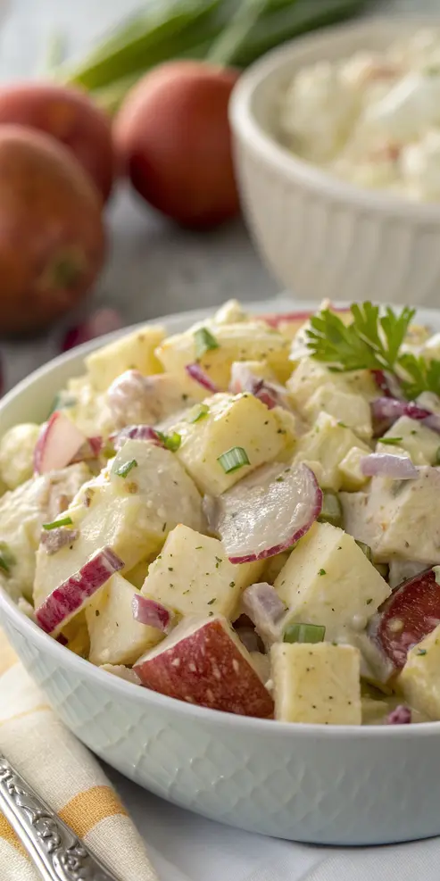 Amish potato salad in a white serving bowl garnished with fresh dill
