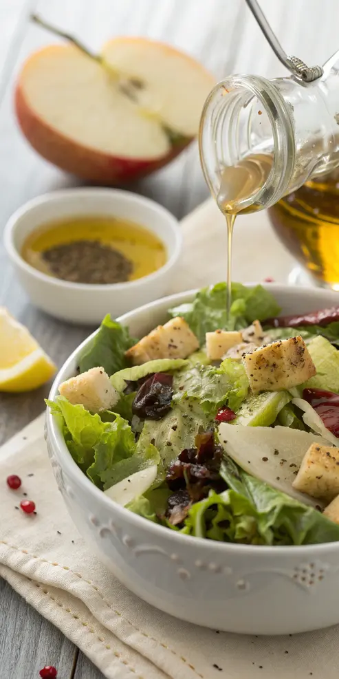 Homemade oil and vinegar salad dressing in a glass jar with herbs and ingredients surrounding it