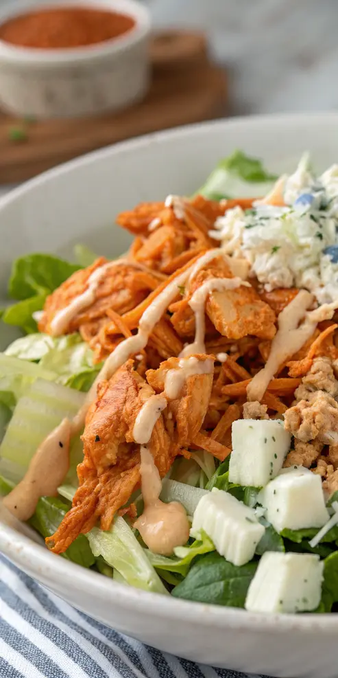 Buffalo chicken salad recipe with spicy buffalo sauce-coated chicken on a bed of mixed greens