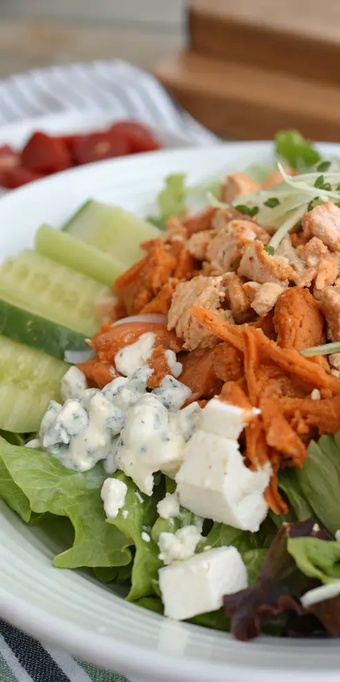 Close-up of spicy buffalo chicken salad recipe with blue cheese crumbles and fresh vegetables