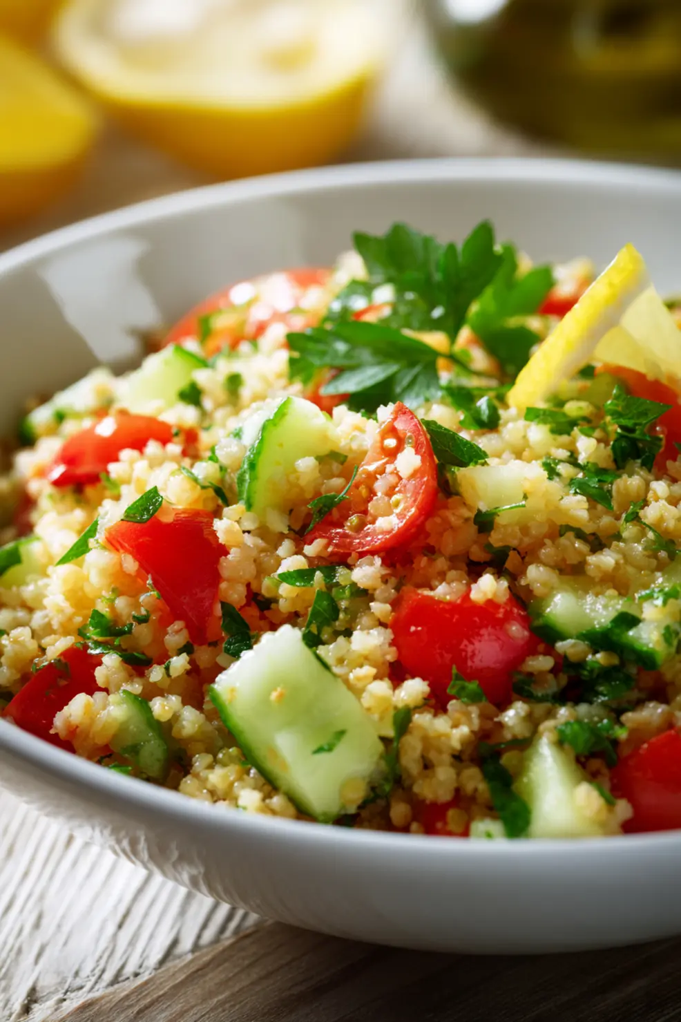 Bulgur salad with fresh herbs and colorful vegetables being served in a bowl