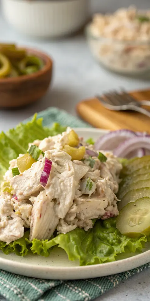 Canned Chicken Salad in a bowl with serving spoon