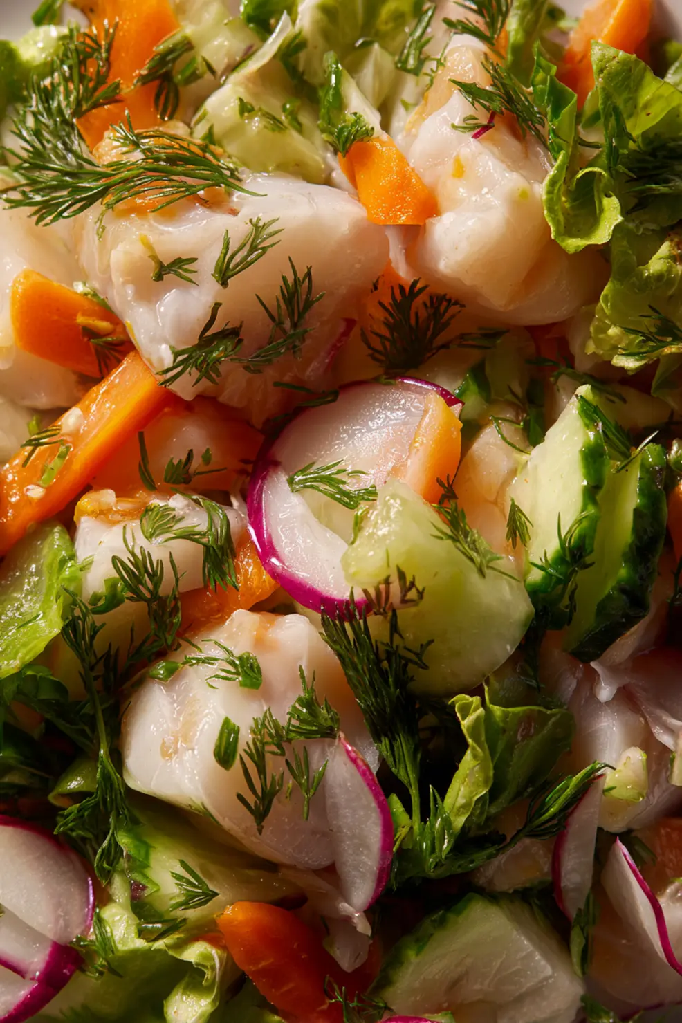 Close-up of carp salad showing flaked fish and fresh vegetables