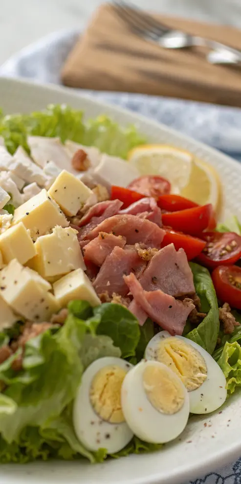 Individual meal prep containers showing separated chef salad components ready for storage with lettuce, proteins, and vegetables in different compartments