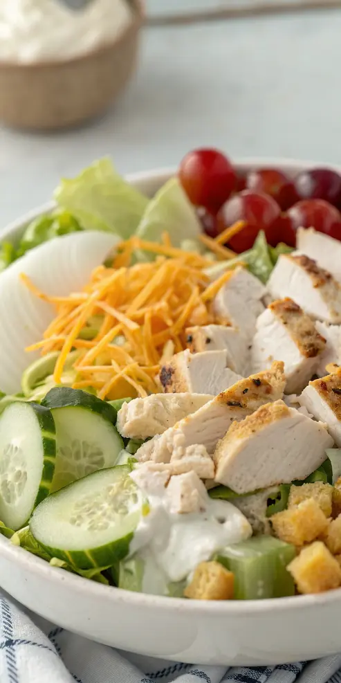 Chick fil a chicken salad recipe with diced nuggets, mixed greens, and vegetables in a white bowl