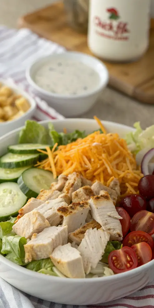 Close-up of Chick fil a chicken salad with golden nugget pieces and fresh vegetables