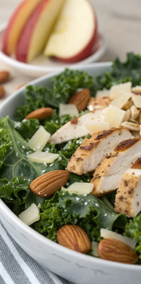 Freshly prepared chick fil a kale salad with grilled chicken, apples, and almonds