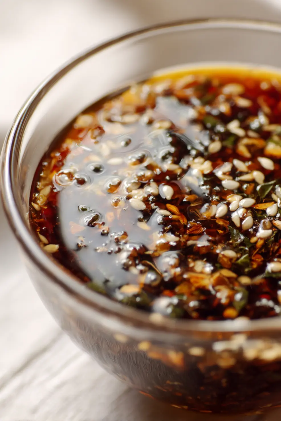 Homemade Chinese salad dressing in a glass jar with ingredients surrounding it