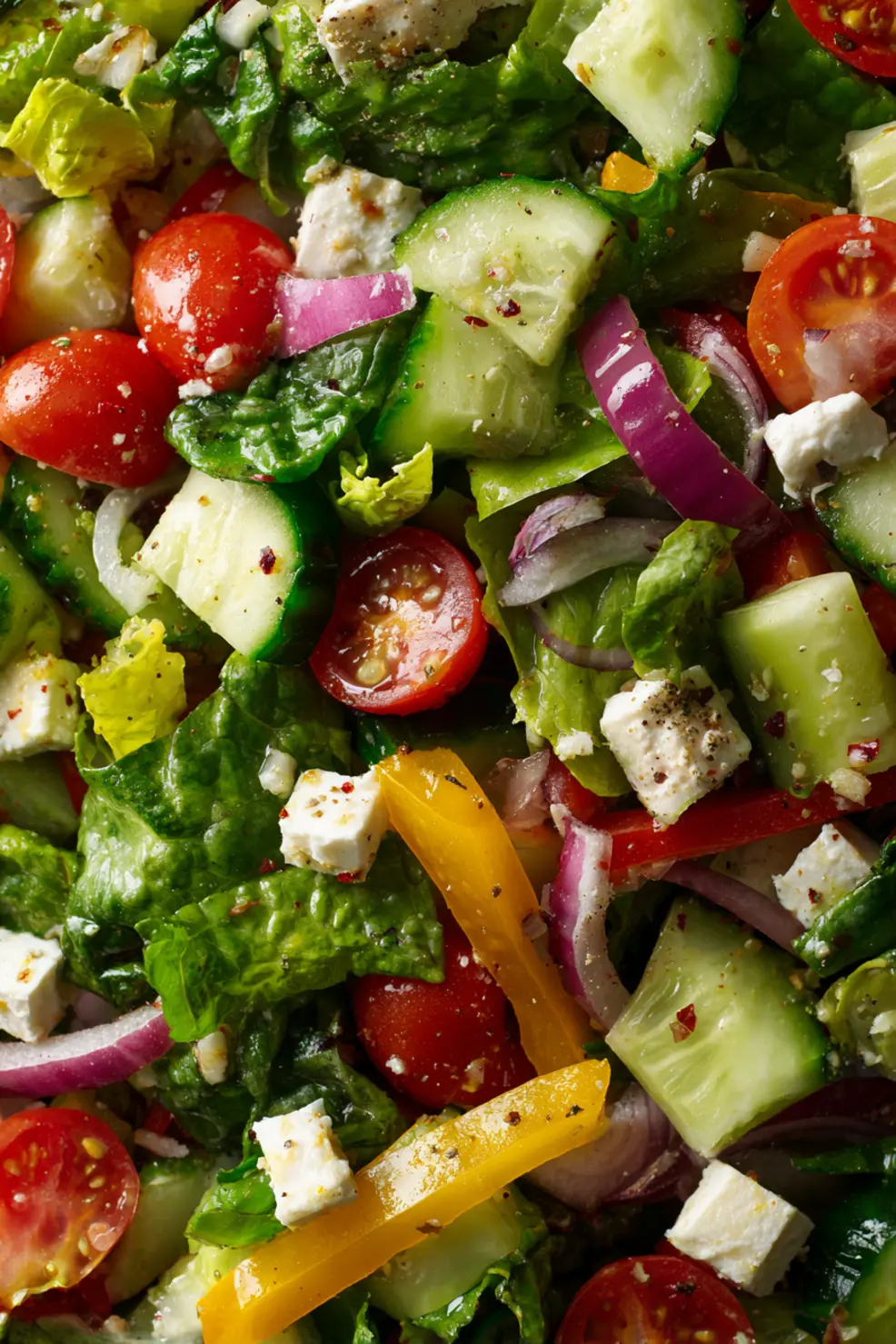 Overhead view of colorful chopped salad with various vegetables and dressing being added