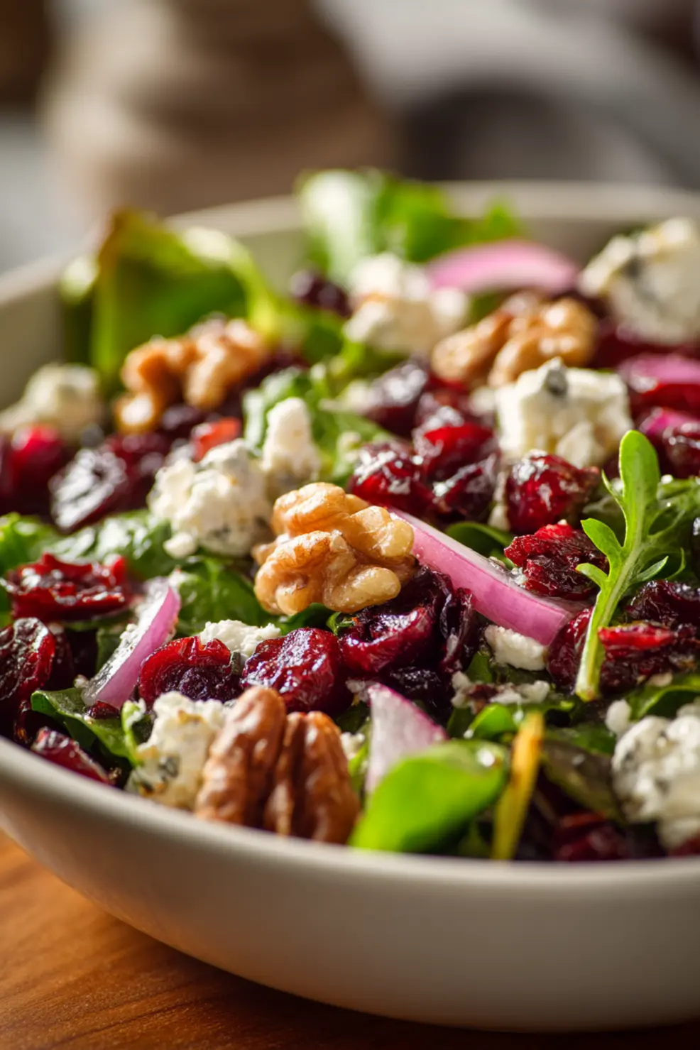 Cranberry salad with orange segments and feta cheese being served on a plate with dressing