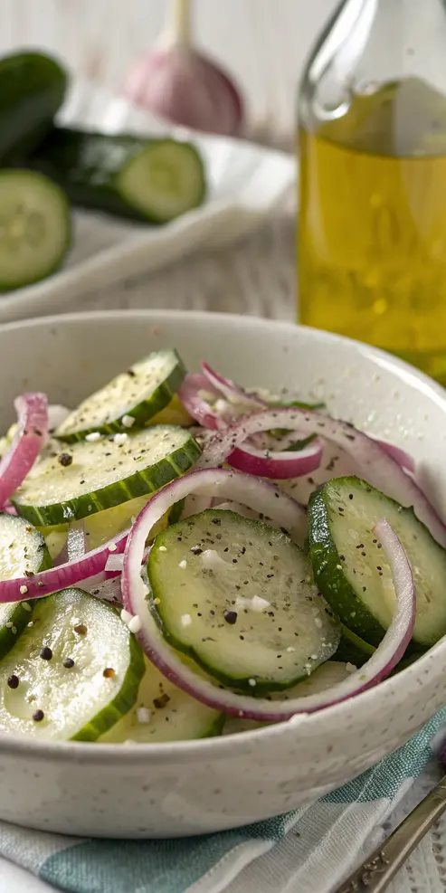 Fresh cucumber and onion salad in a white bowl, showing thinly sliced vegetables glistening with dressing