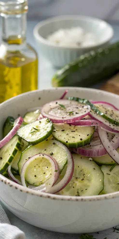 Overhead view of cucumber and onion salad in a serving bowl with fresh herbs sprinkled on top