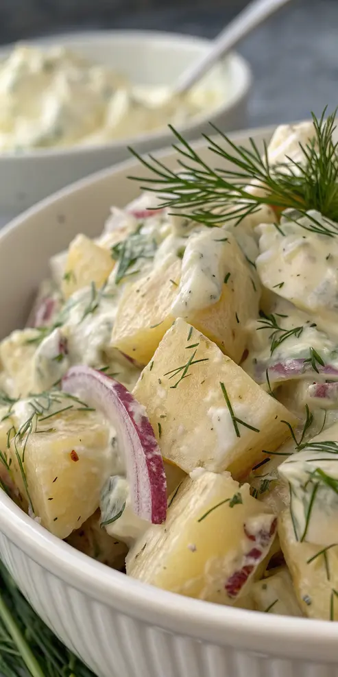Creamy dill potato salad in a white serving bowl with fresh herbs sprinkled on top