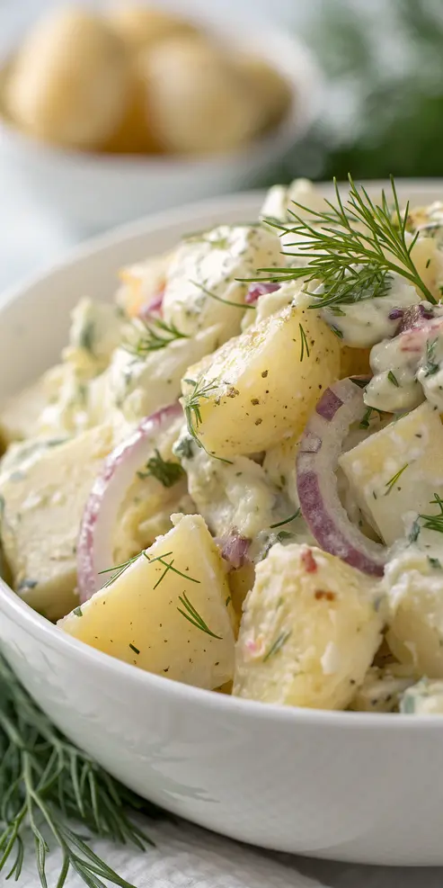 Dill potato salad being served at a summer barbecue next to grilled meats