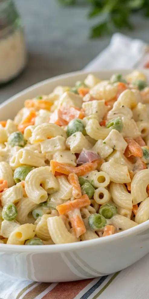 Filipino Macaroni Salad Recipe in a white bowl showing creamy texture with colorful vegetables