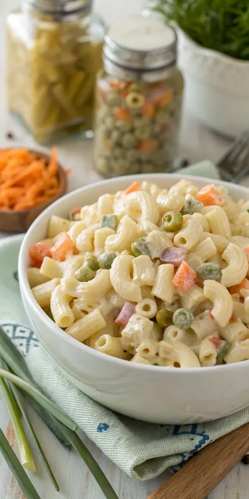 Filipino Macaroni Salad Recipe being served with a spoon showing its creamy texture and colorful ingredients