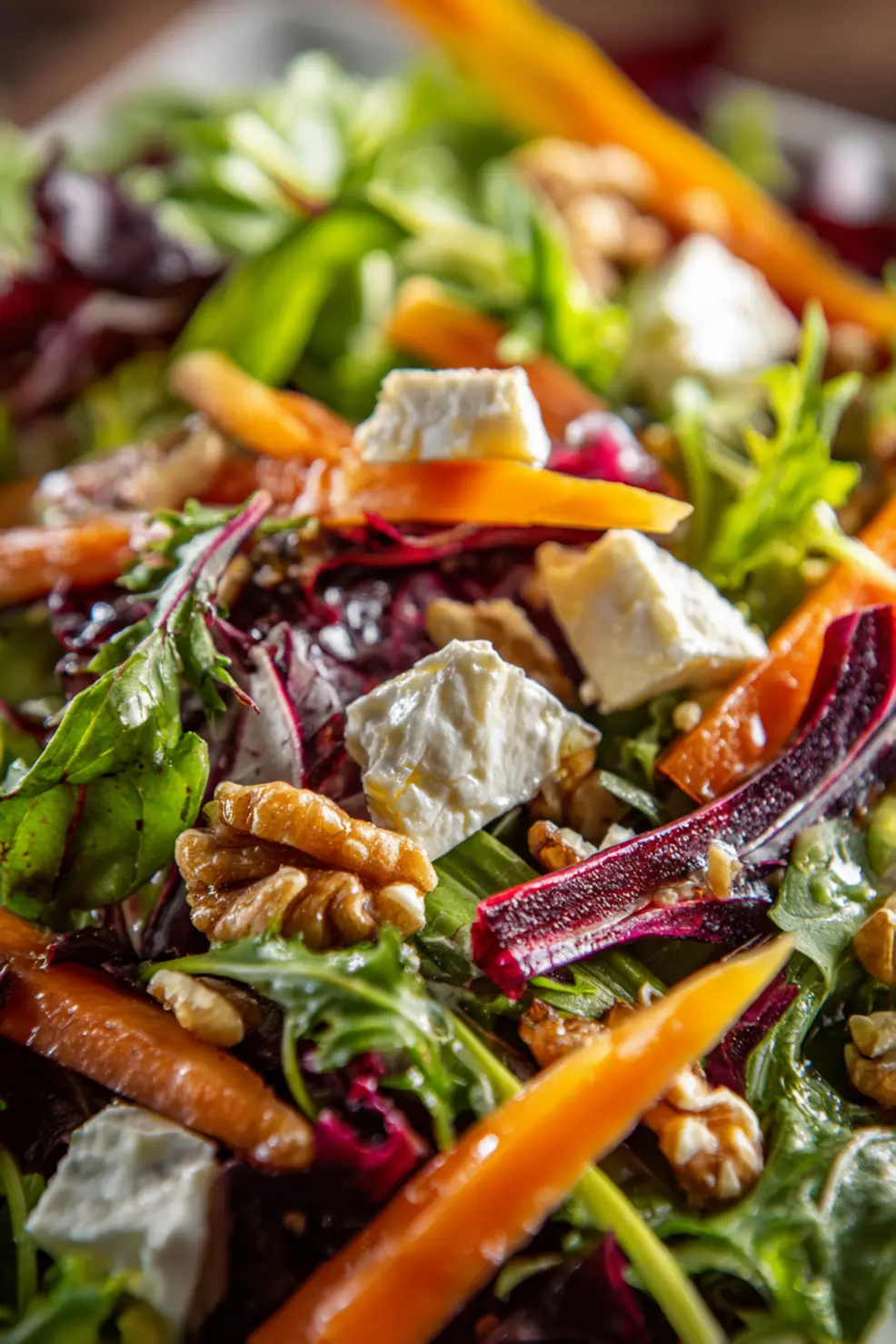 French salad ingredients including mixed greens, radicchio, goat cheese, walnuts and fresh herbs arranged on a wooden board