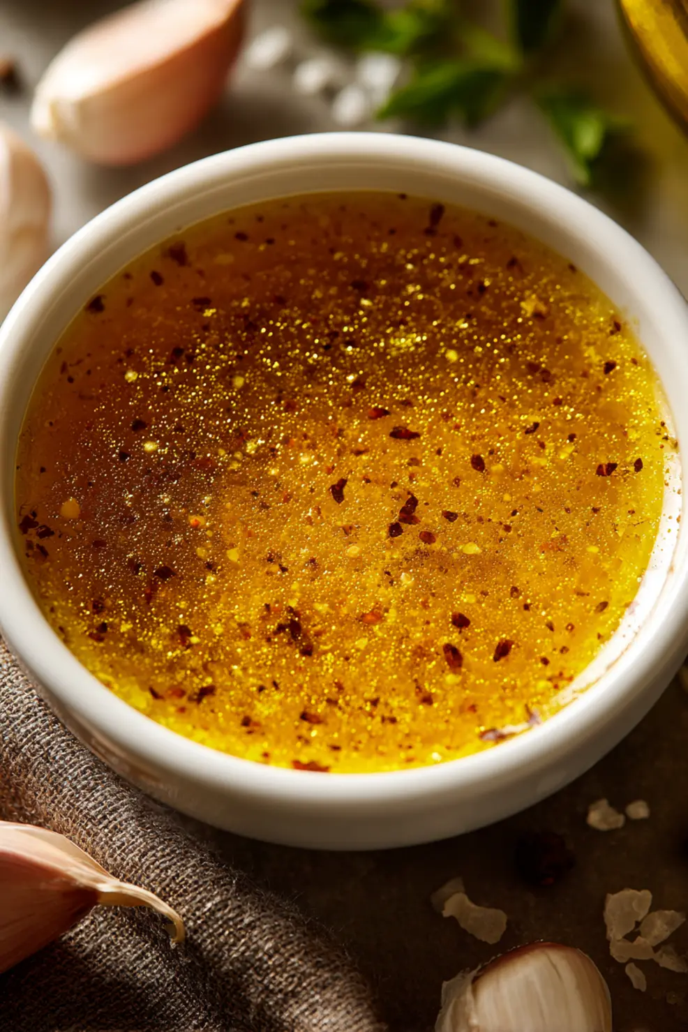 Homemade gluten free salad dressing in a glass jar with herbs and ingredients surrounding it