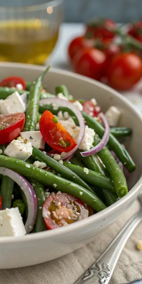Fresh green bean salad with feta cheese and cherry tomatoes in a white serving bowl