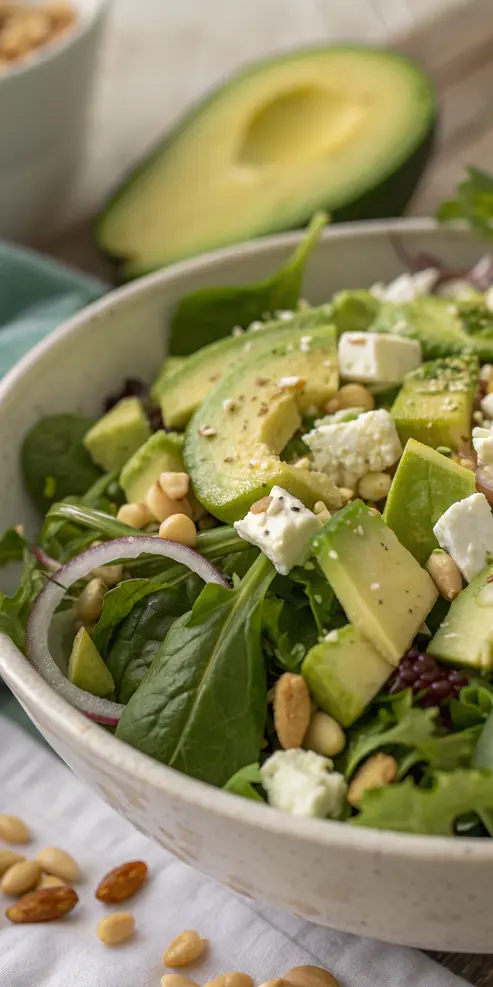 Green goddess salad with avocado and fresh herbs in a serving bowl