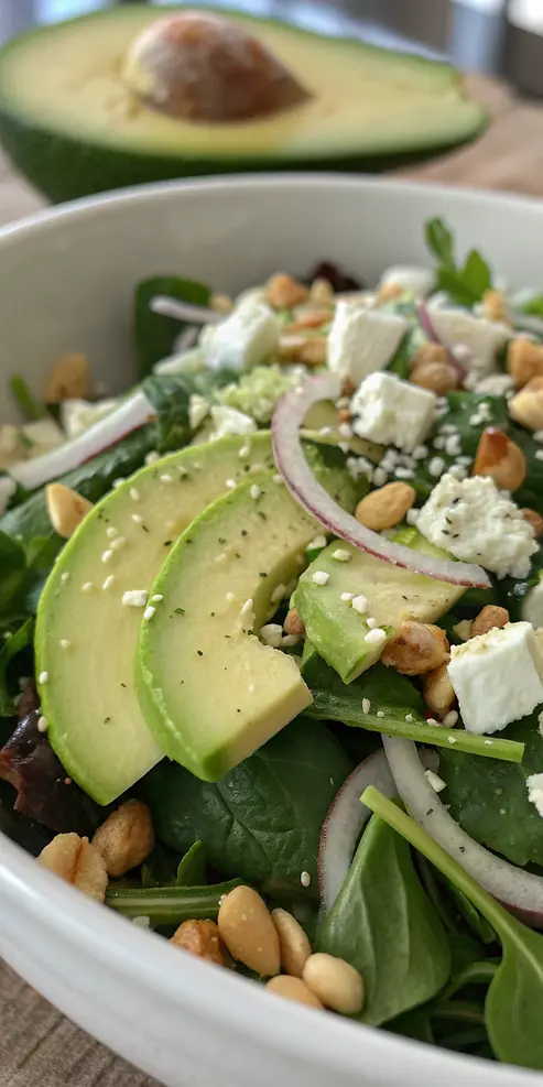 Close-up of green goddess salad ingredients including avocado, herbs and greens