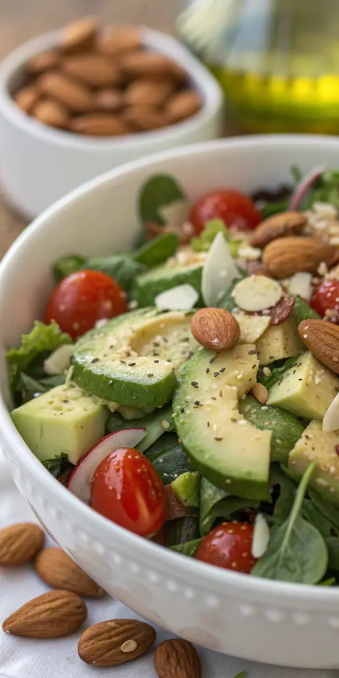 Fresh health salad with mixed greens, cherry tomatoes, cucumber, and avocado in a white bowl