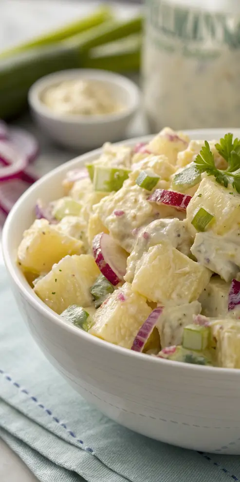 Hellmann's potato salad in a white serving bowl garnished with paprika and fresh herbs
