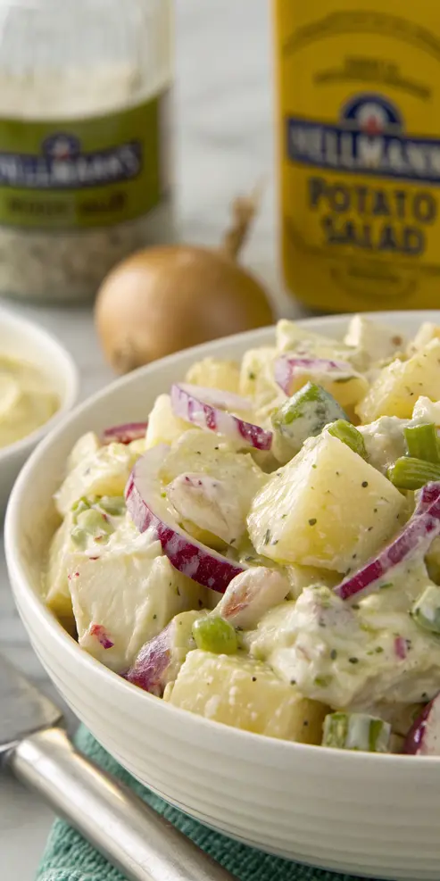 Hellmann's potato salad being served with grilled meats at a summer picnic