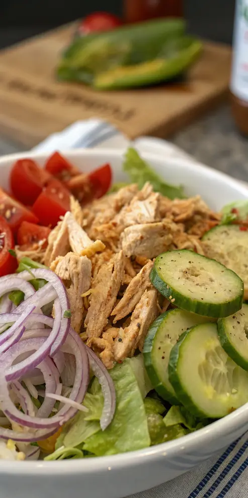 Closeup of hot chicken salad showing the spicy seasoning on tender chicken pieces mixed with fresh vegetables