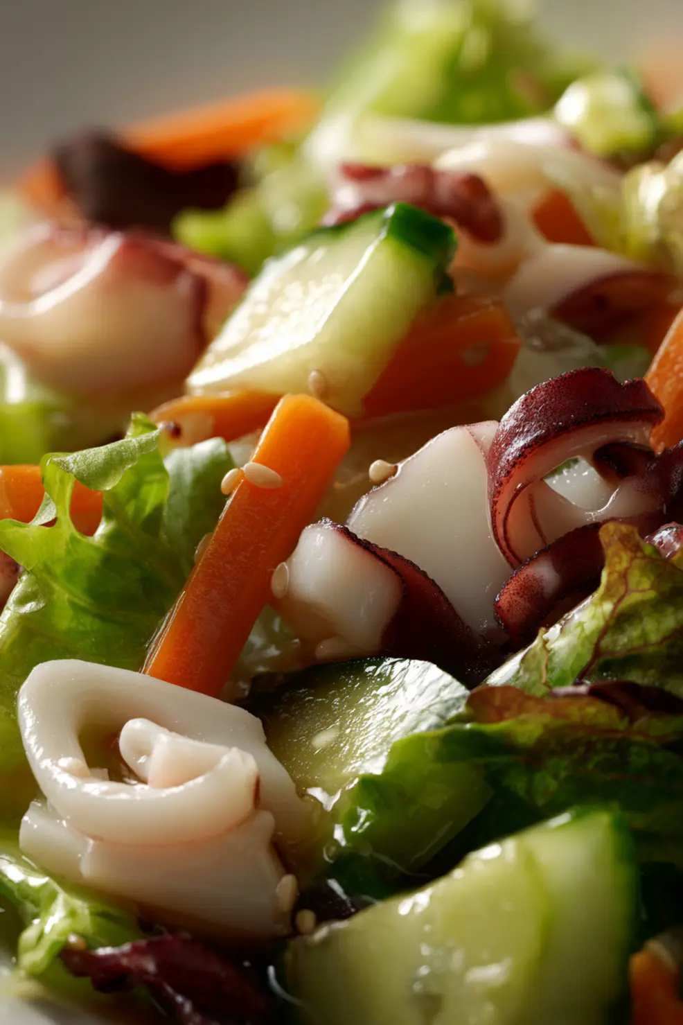 Close-up of ika salad showing tender squid rings and fresh vegetables
