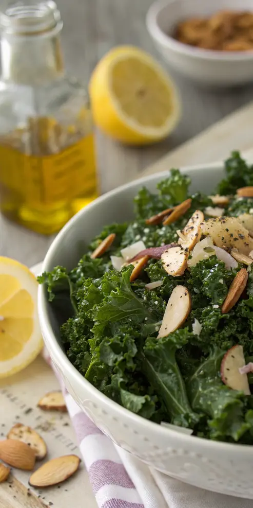 Close-up of kale crunch salad showing texture and ingredients