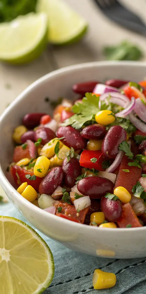 Freshly made kidney bean salad with colorful vegetables in a white bowl