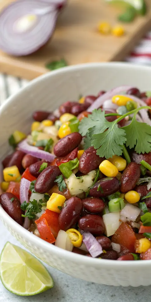 Kidney bean salad served in individual portion bowls with fresh garnish