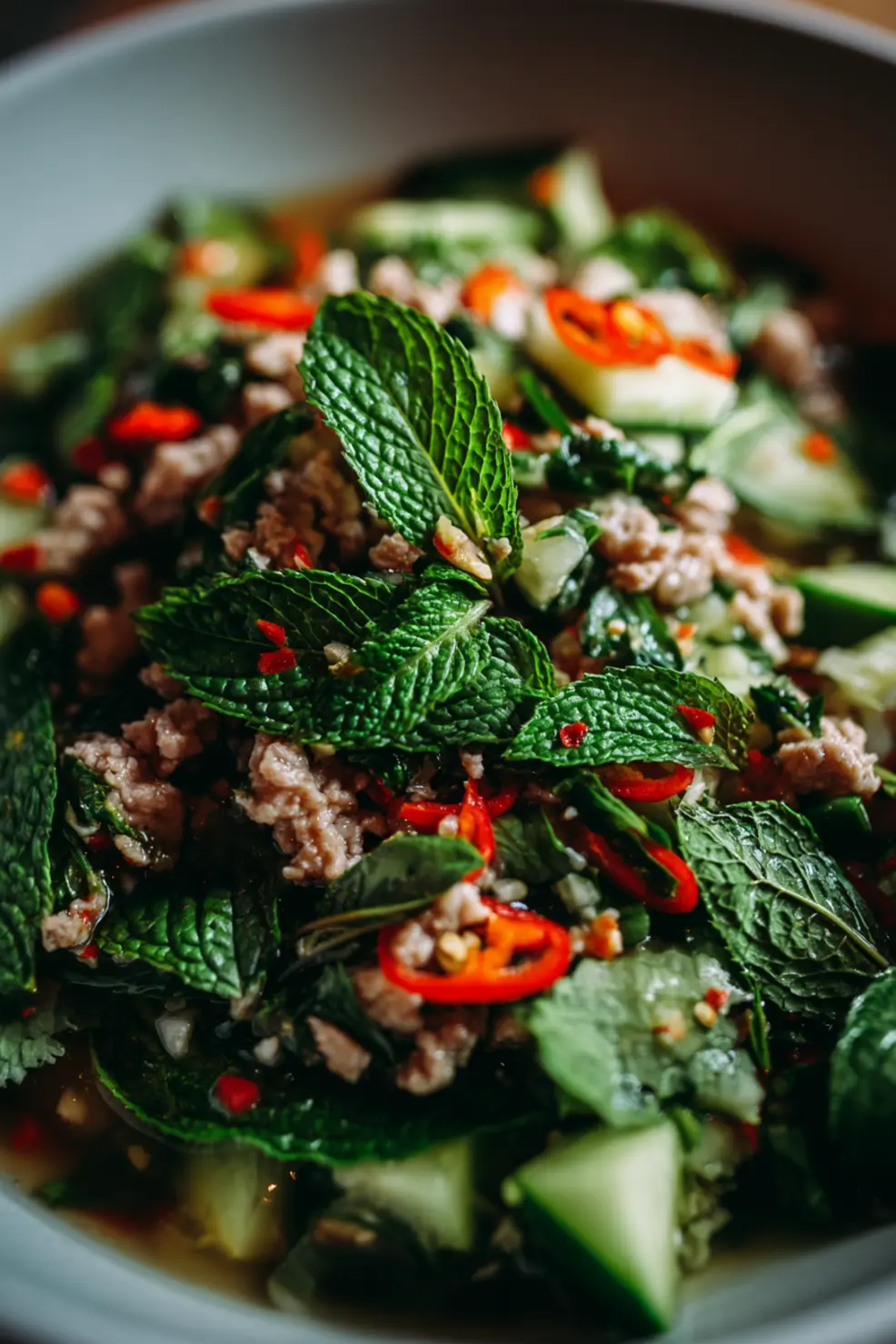 Thai larb salad recipe with minced chicken, fresh herbs, and zesty lime