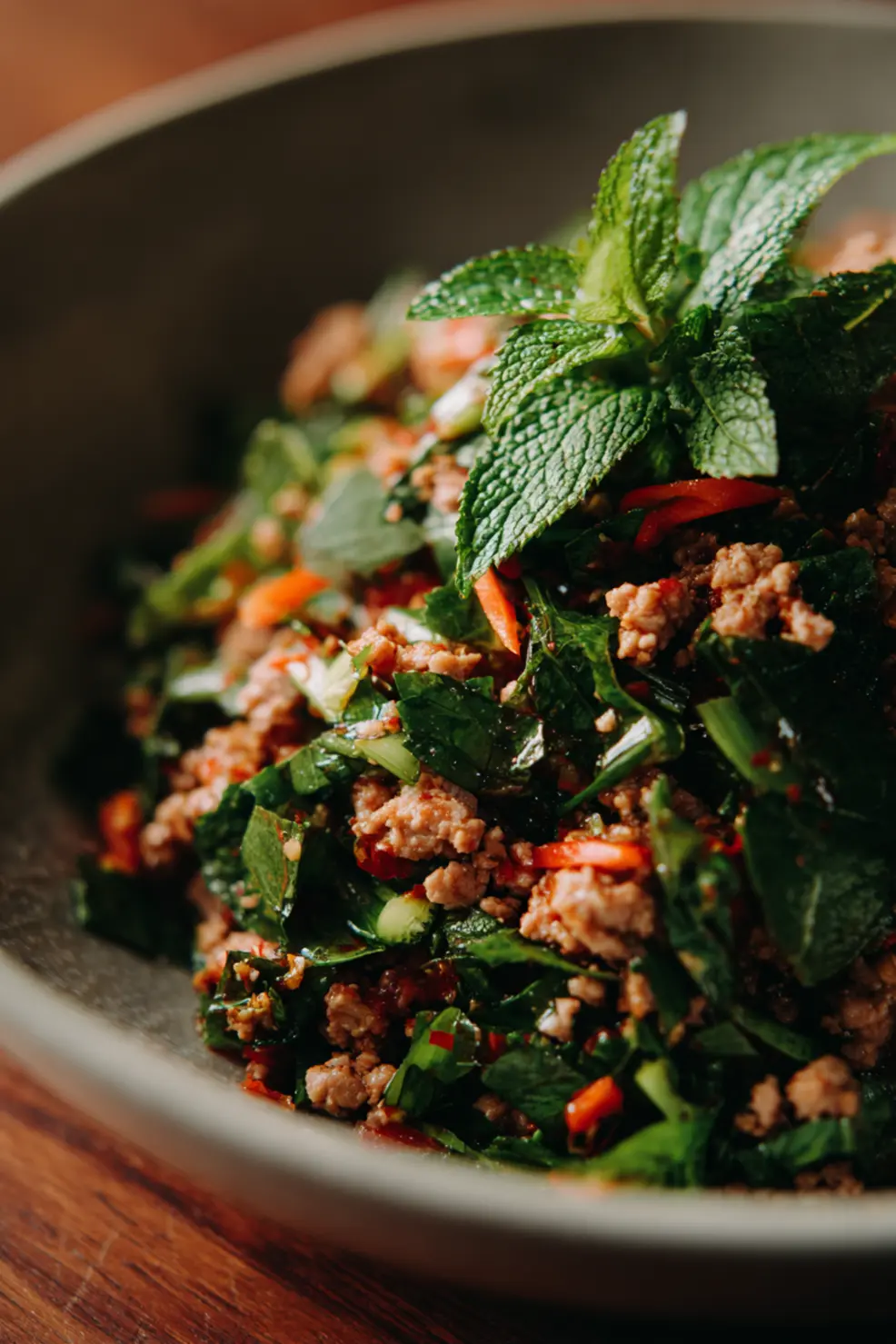 Close up of spicy Thai larb salad with fresh herbs and zesty lime dressing
