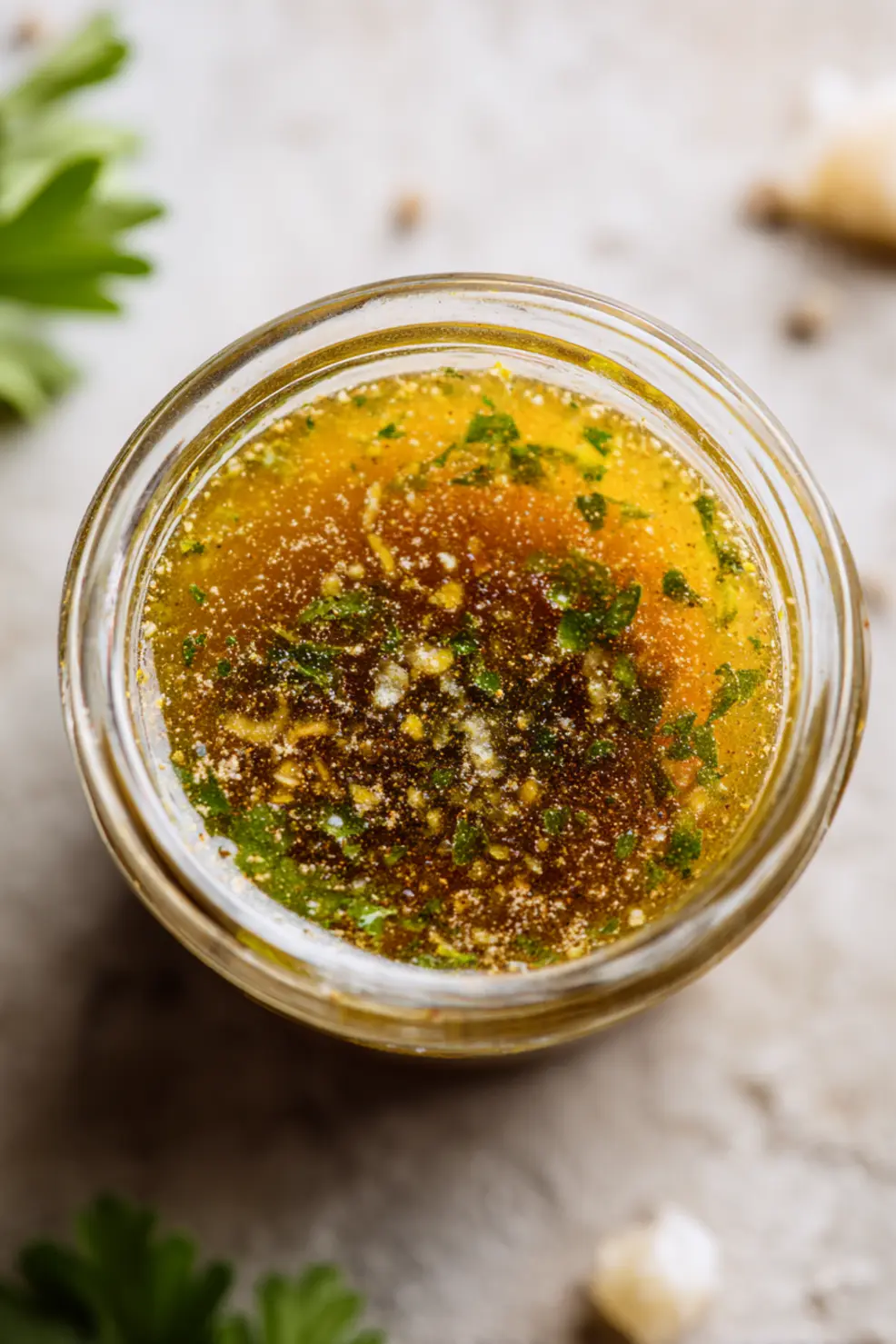 Homemade Mexican salad dressing in a glass jar with lime wedges and cilantro