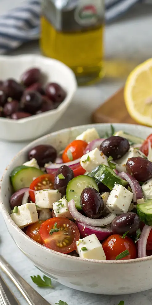 Mediterranean olive salad with feta cheese in a white bowl