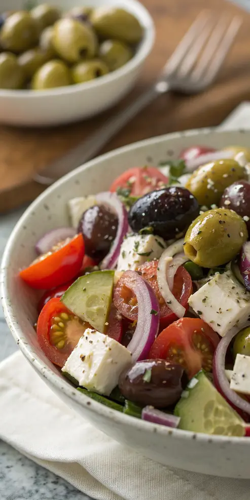 Close-up of Mediterranean olive salad with vibrant olives and vegetables