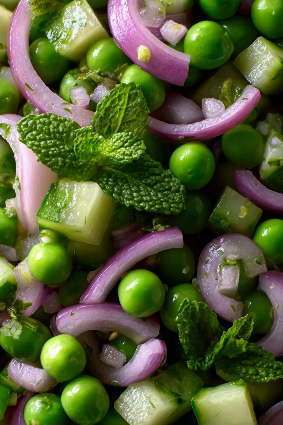 Overhead view of pea salad recipe in a serving bowl with mint garnish and lemon wedges