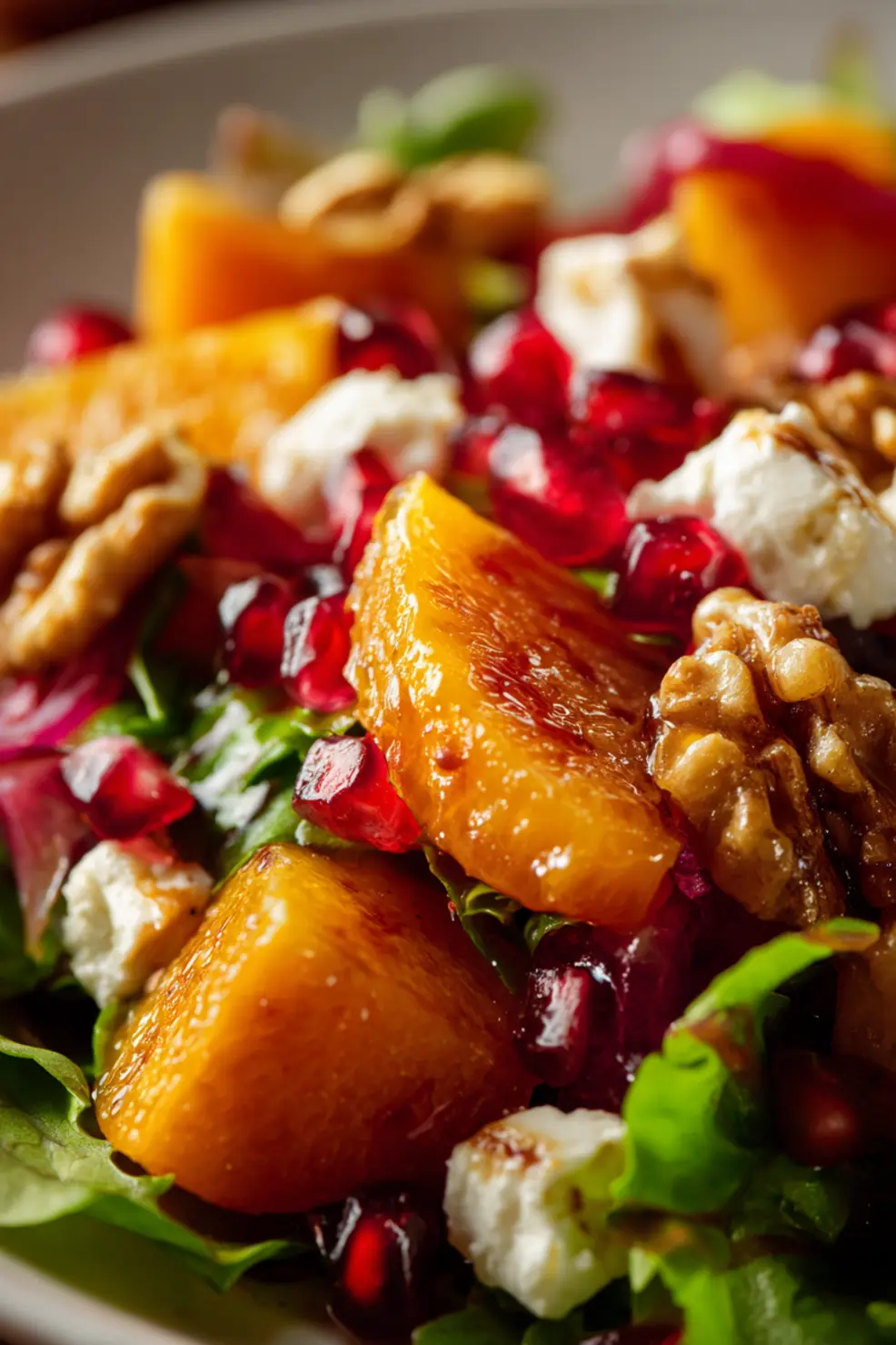 Persimmon salad with honey lime dressing and pomegranate seeds