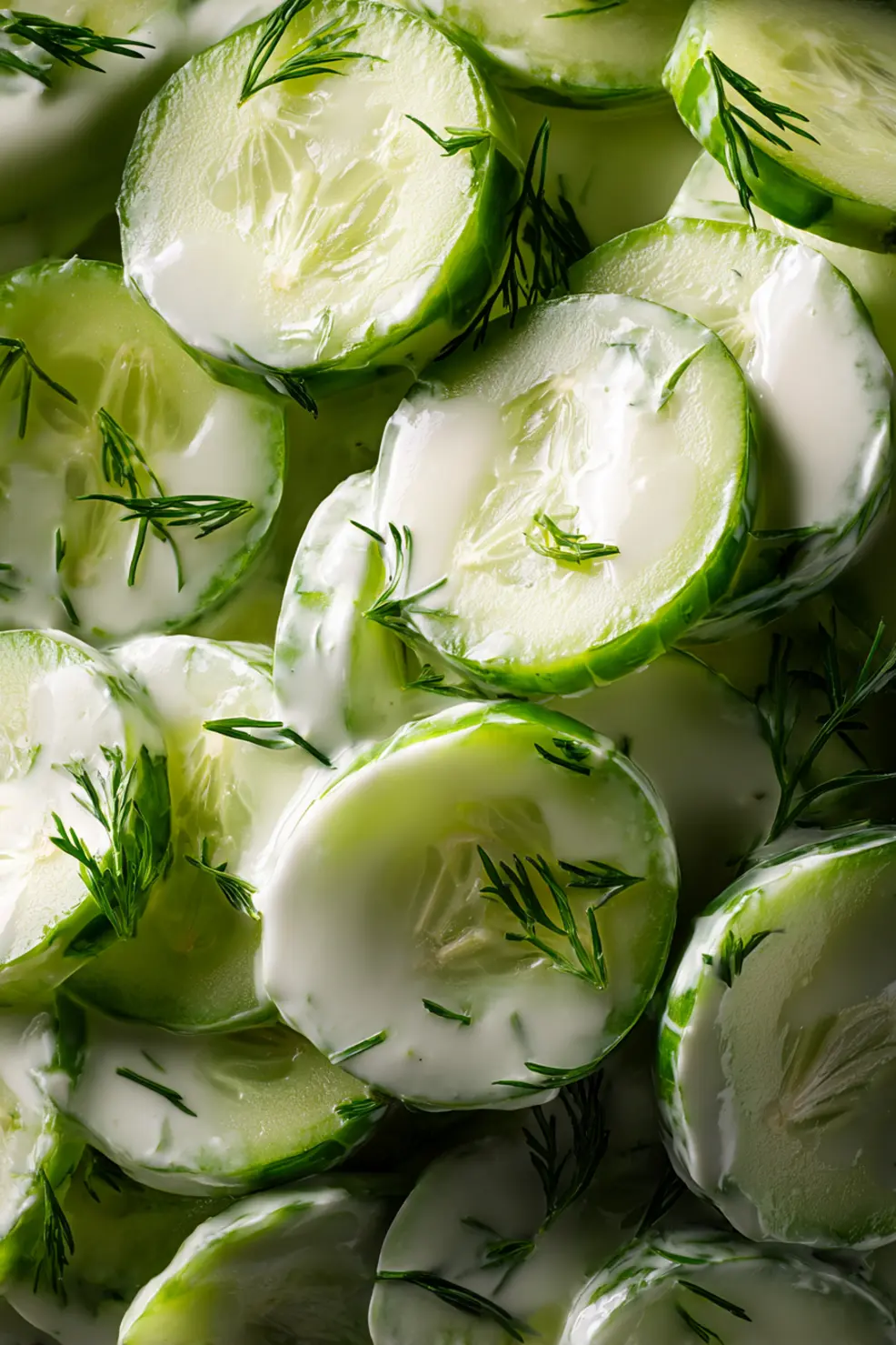 Polish cucumber salad being served from a glass bowl showing the creamy texture and fresh dill