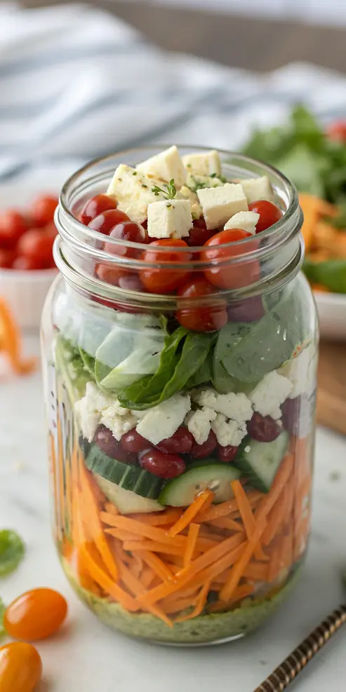 Various salad in a jar recipes with colorful layers of vegetables