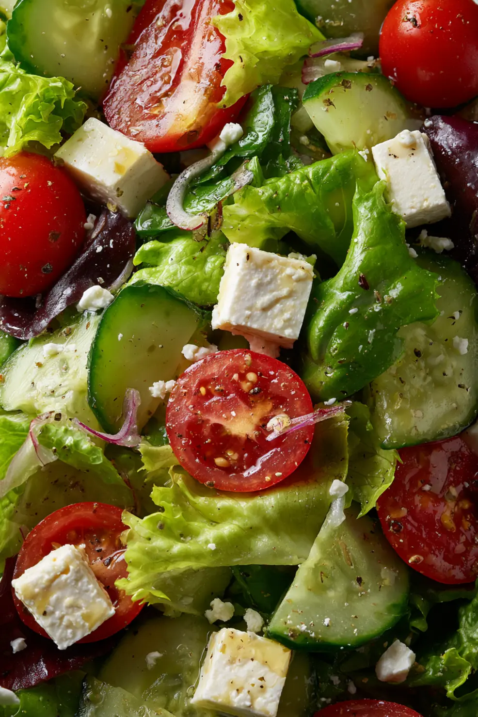 Fresh side salad with mixed greens, cherry tomatoes, cucumber, and feta cheese in a white bowl