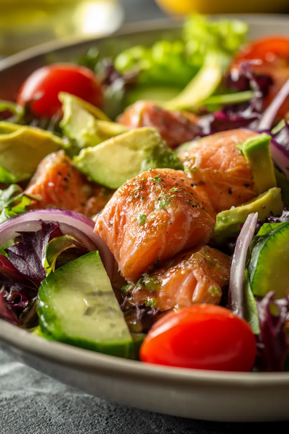 Delicious salmon salad with avocado and capers in a white bowl