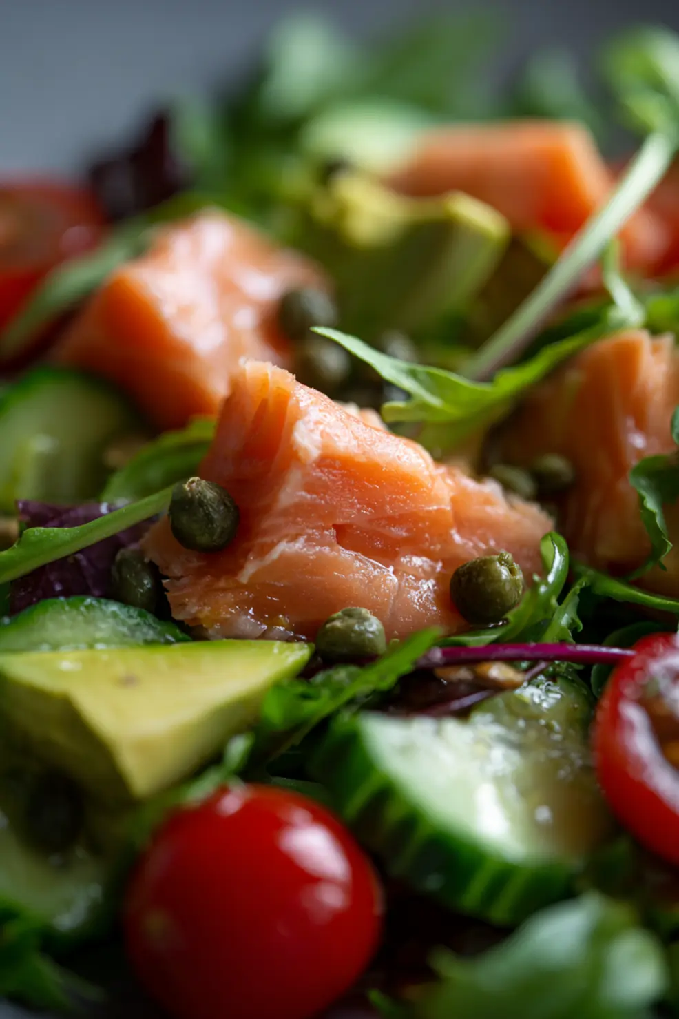 Salmon salad with fresh ingredients being prepared in a large bowl