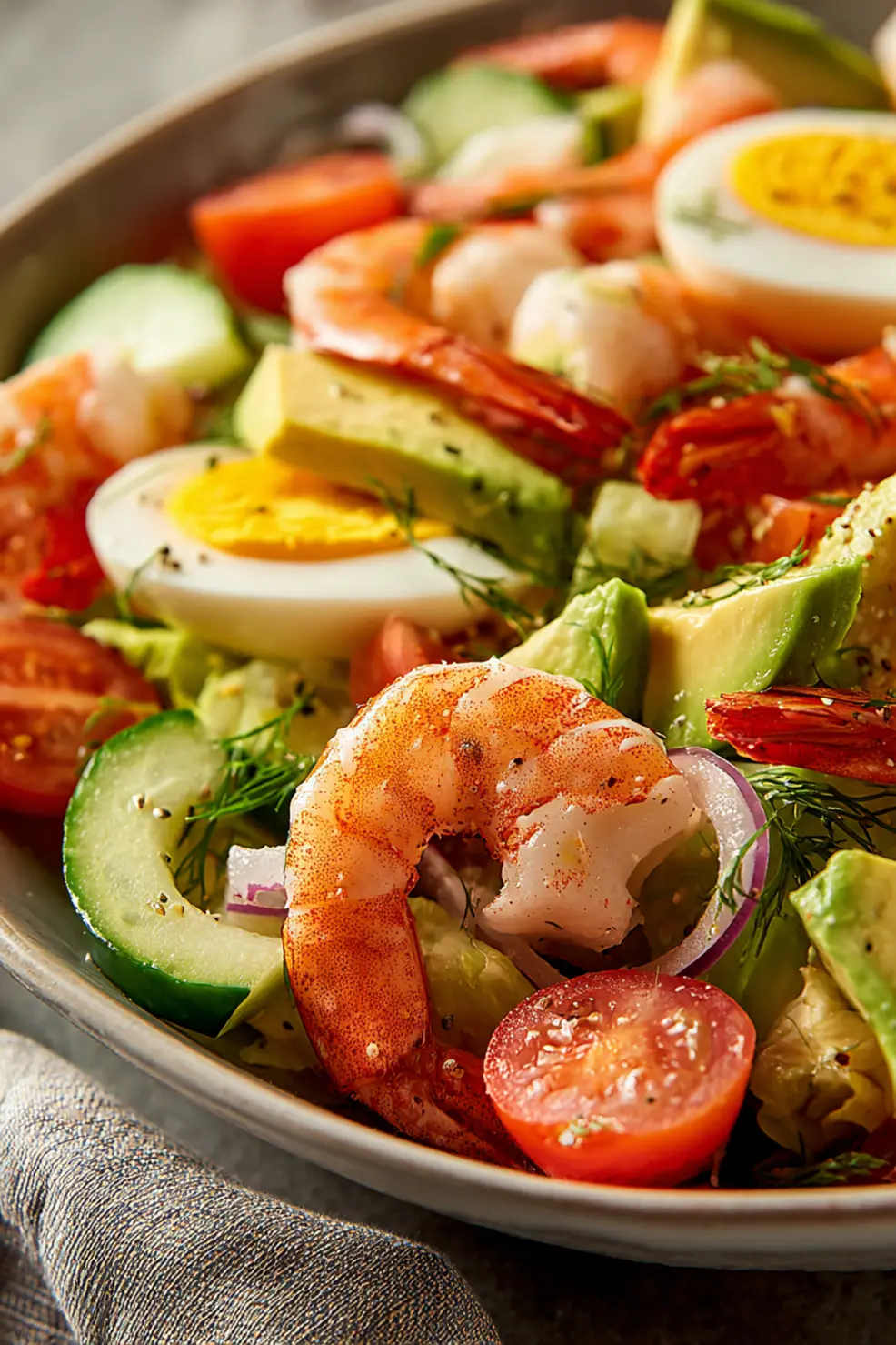 Close-up of shrimp Louie salad showing the vibrant colors of the vegetables and the succulent pink shrimp.