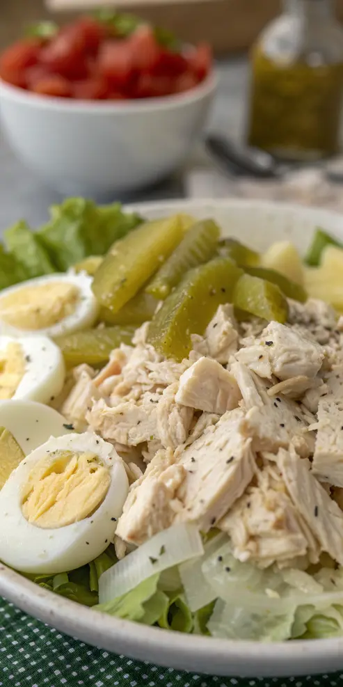 Southern chicken salad in a white bowl garnished with fresh herbs