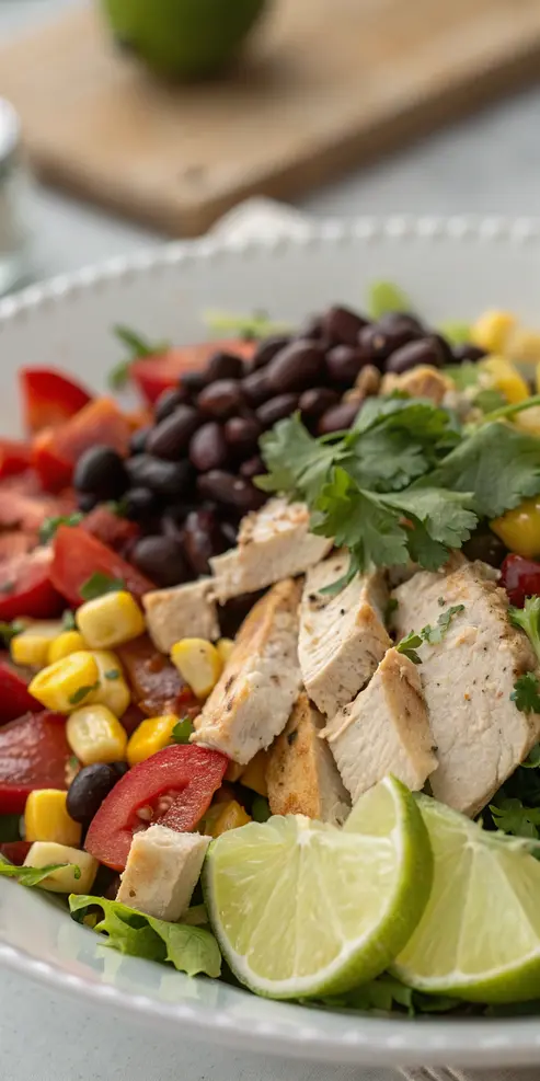 Southwest chicken salad recipe in a white bowl showing vibrant ingredients including shredded chicken, black beans, corn, red bell pepper, and avocado