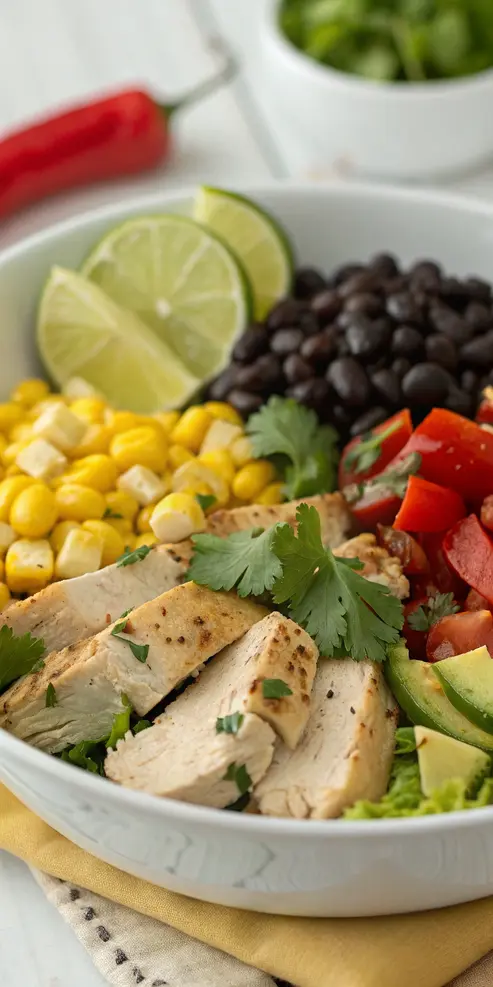 Southwest chicken salad recipe being served with a spoon, showing the creamy chipotle lime dressing coating the colorful ingredients