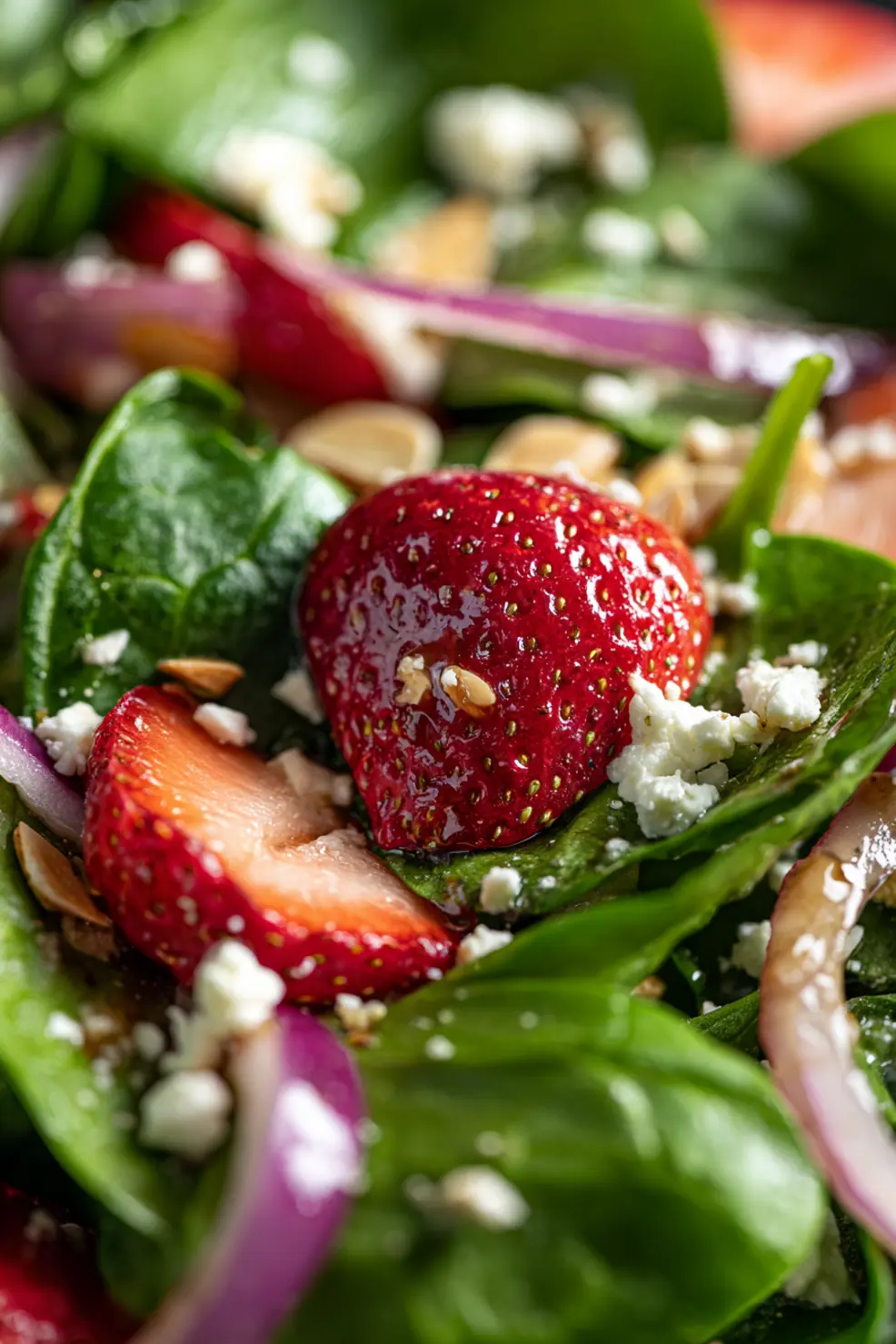 Close-up of spinach salad with strawberries and feta cheese on a white plate